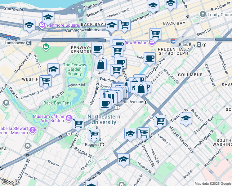 map of restaurants, bars, coffee shops, grocery stores, and more near 77 Saint Stephen Street in Boston