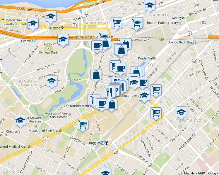 map of restaurants, bars, coffee shops, grocery stores, and more near 77 Saint Stephen Street in Boston