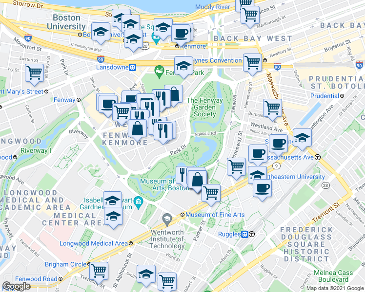 map of restaurants, bars, coffee shops, grocery stores, and more near Emerald Necklace in Boston