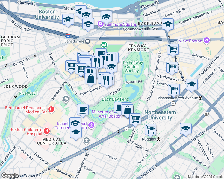 map of restaurants, bars, coffee shops, grocery stores, and more near Emerald Necklace in Boston