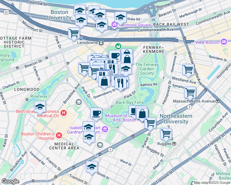map of restaurants, bars, coffee shops, grocery stores, and more near 111 Park Drive in Boston