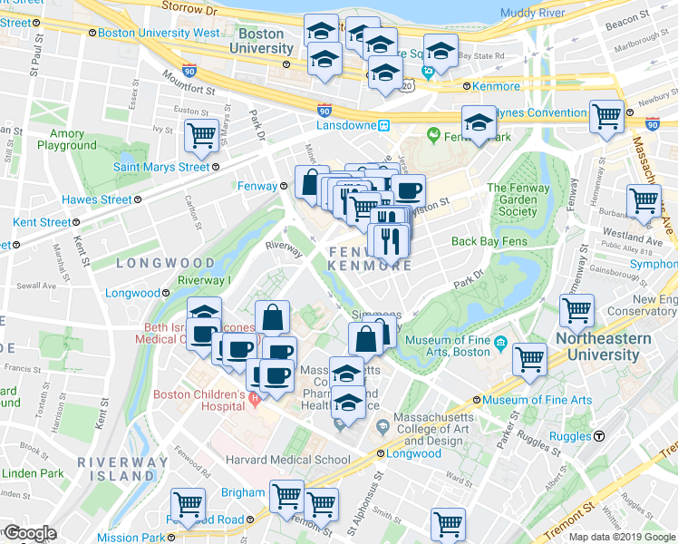 map of restaurants, bars, coffee shops, grocery stores, and more near 231 Park Drive in Boston