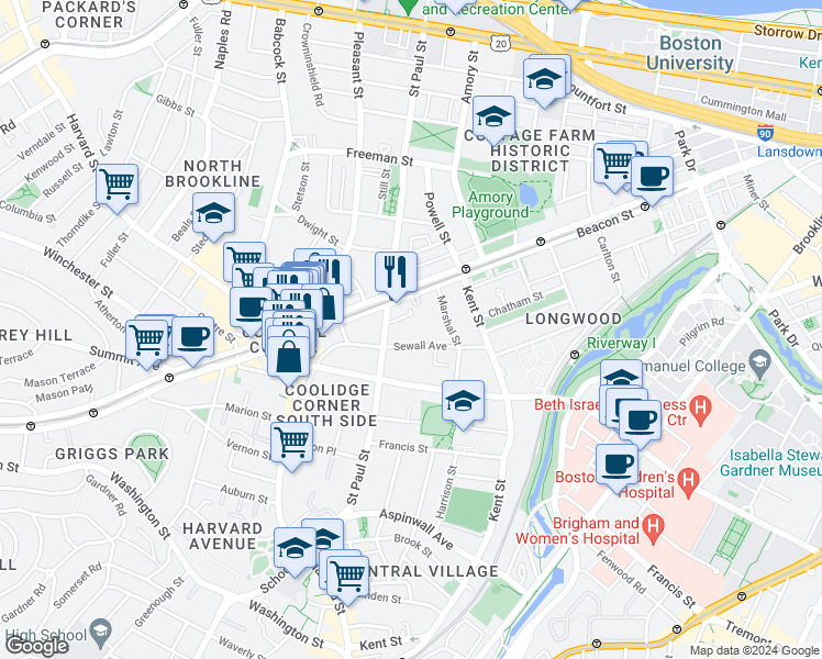 map of restaurants, bars, coffee shops, grocery stores, and more near 102 Sewall Avenue in Brookline
