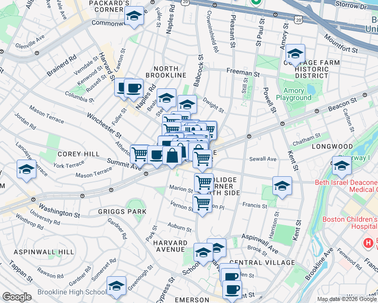 map of restaurants, bars, coffee shops, grocery stores, and more near 284 Harvard Street in Brookline