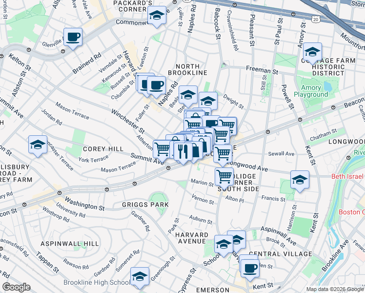 map of restaurants, bars, coffee shops, grocery stores, and more near in Brookline