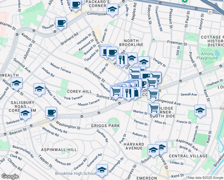 map of restaurants, bars, coffee shops, grocery stores, and more near 28 Atherton Road in Brookline