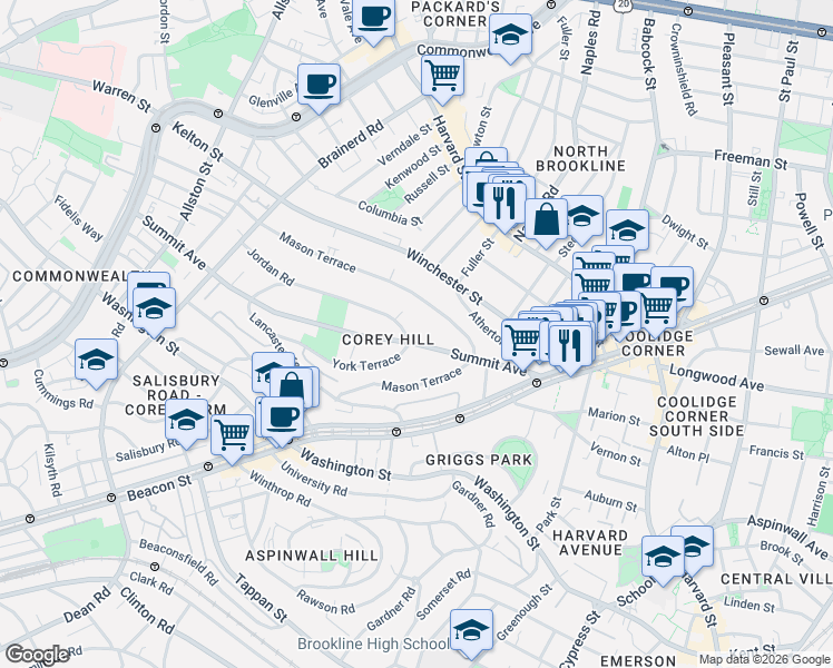 map of restaurants, bars, coffee shops, grocery stores, and more near 90 Summit Avenue in Brookline
