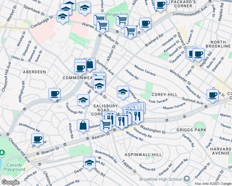 map of restaurants, bars, coffee shops, grocery stores, and more near 94 Westbourne Terrace in Brookline
