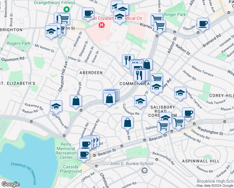 map of restaurants, bars, coffee shops, grocery stores, and more near 1691 Commonwealth Avenue in Boston