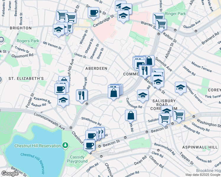 map of restaurants, bars, coffee shops, grocery stores, and more near 1713-1715 Commonwealth Avenue in Boston