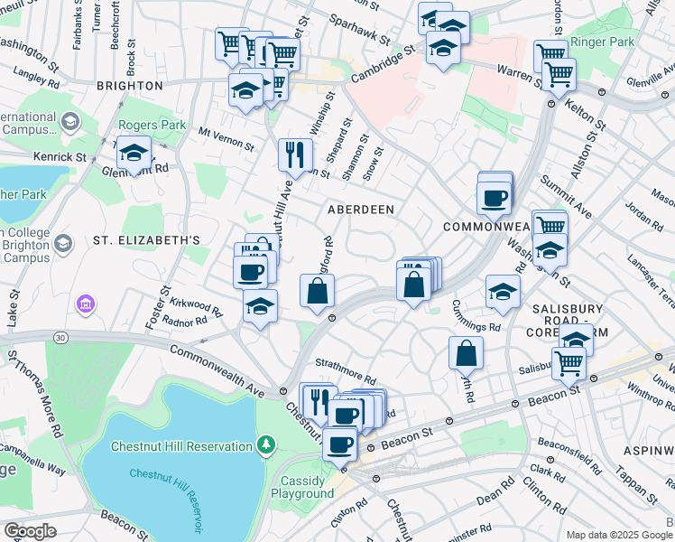 map of restaurants, bars, coffee shops, grocery stores, and more near 59 Leamington Road in Boston