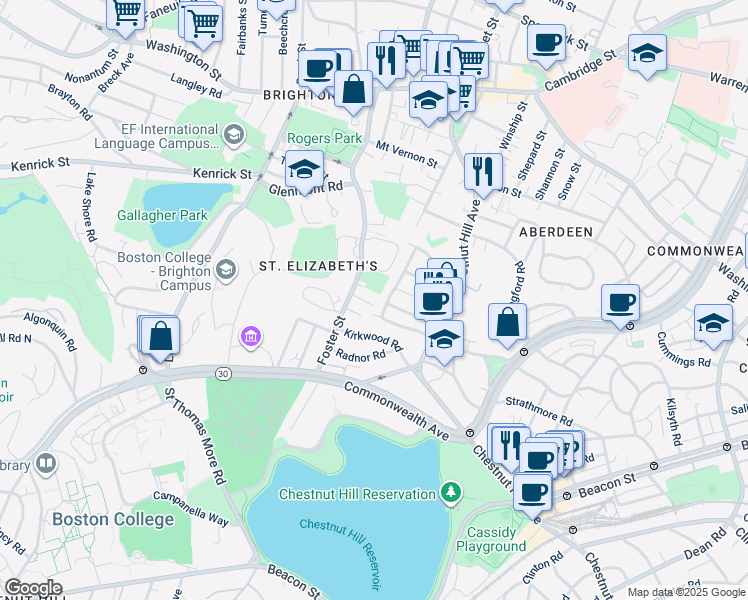 map of restaurants, bars, coffee shops, grocery stores, and more near 201 Chiswick Road in Boston