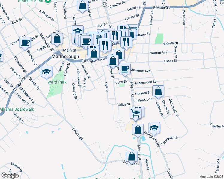 map of restaurants, bars, coffee shops, grocery stores, and more near 139 Howe Street in Marlborough