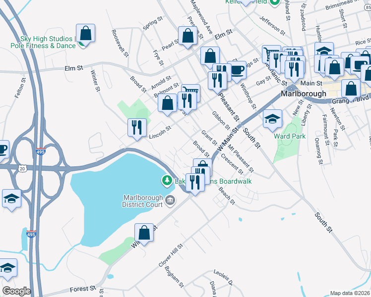 map of restaurants, bars, coffee shops, grocery stores, and more near 16 Saint Mary's Way in Marlborough