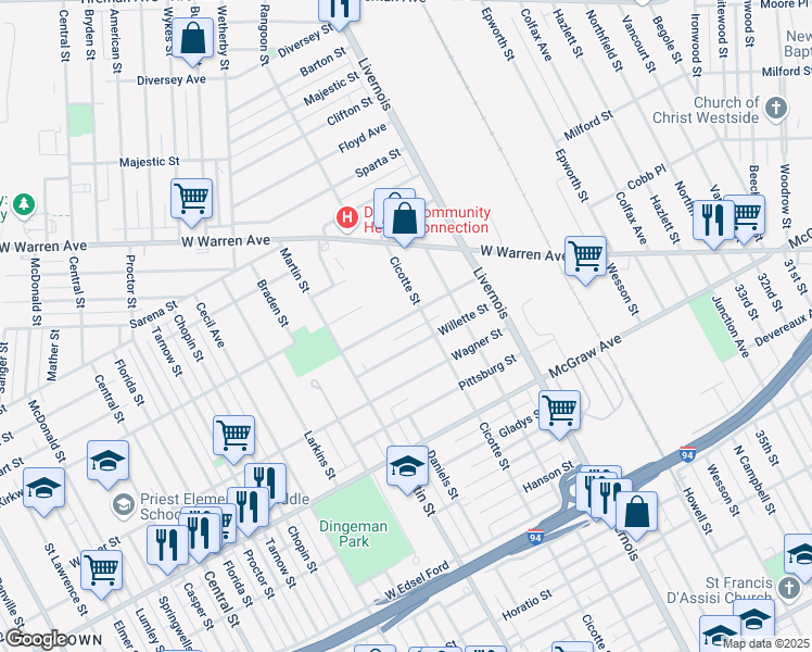 map of restaurants, bars, coffee shops, grocery stores, and more near 6574 Willette Street in Detroit
