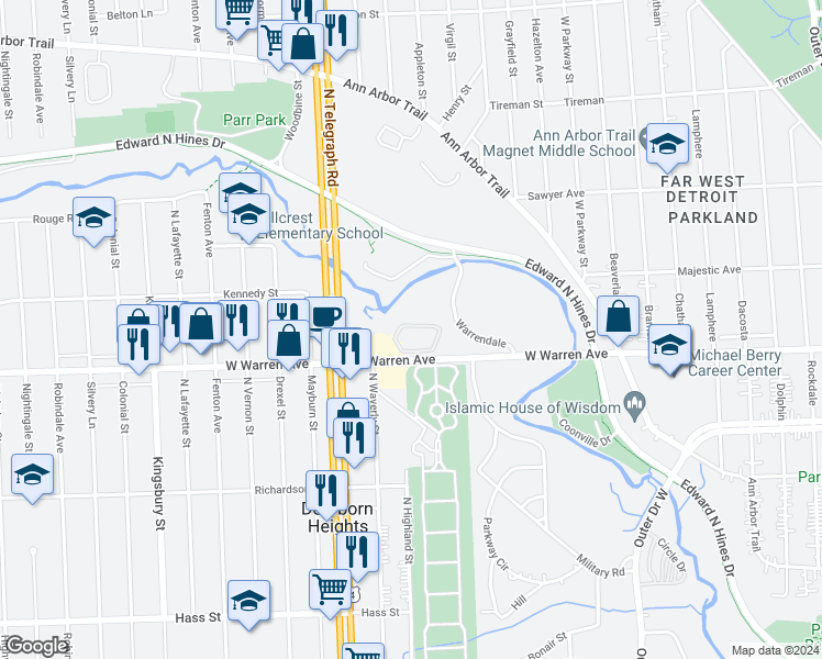 map of restaurants, bars, coffee shops, grocery stores, and more near in Dearborn Heights