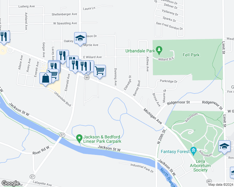 map of restaurants, bars, coffee shops, grocery stores, and more near 1317 Michigan Avenue in Battle Creek