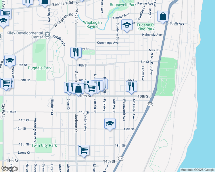 map of restaurants, bars, coffee shops, grocery stores, and more near 926 Adams Street in Waukegan