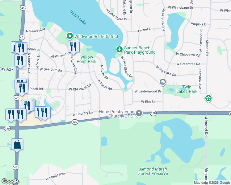 map of restaurants, bars, coffee shops, grocery stores, and more near 33032 North Ridge Road in Grayslake