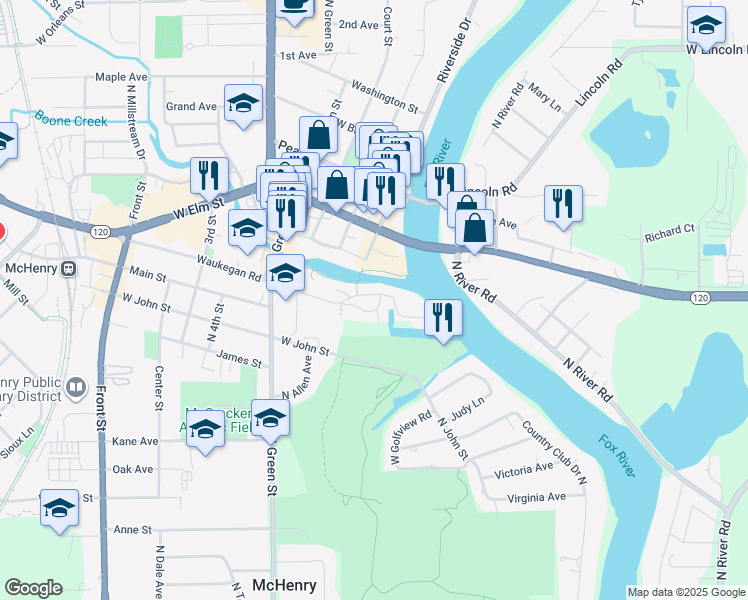 map of restaurants, bars, coffee shops, grocery stores, and more near 3407 Waukegan Road in McHenry