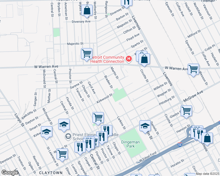 map of restaurants, bars, coffee shops, grocery stores, and more near 6023 Braden Street in Detroit