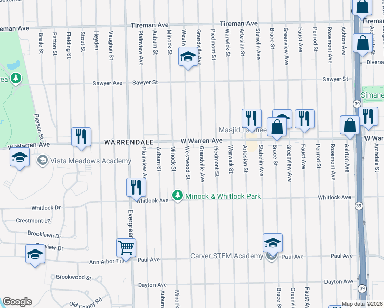 map of restaurants, bars, coffee shops, grocery stores, and more near 6873 Westwood Street in Detroit