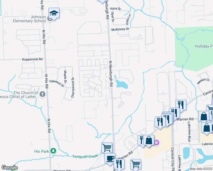 map of restaurants, bars, coffee shops, grocery stores, and more near 7501 Culpepper Court in Westland