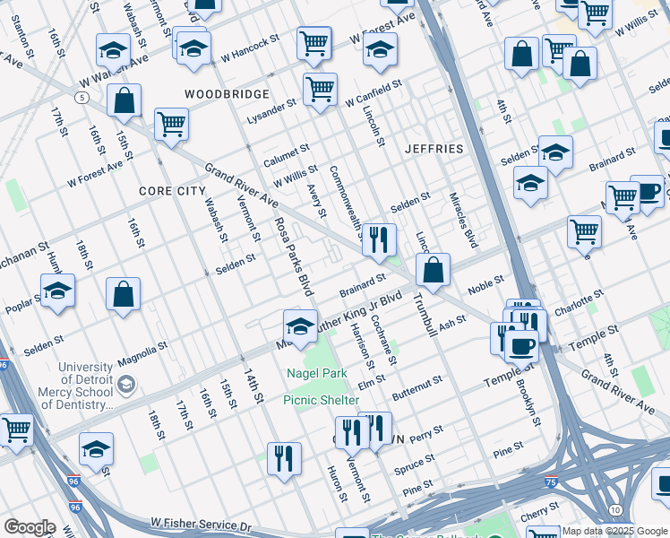 map of restaurants, bars, coffee shops, grocery stores, and more near 3620 Harrison Street in Detroit