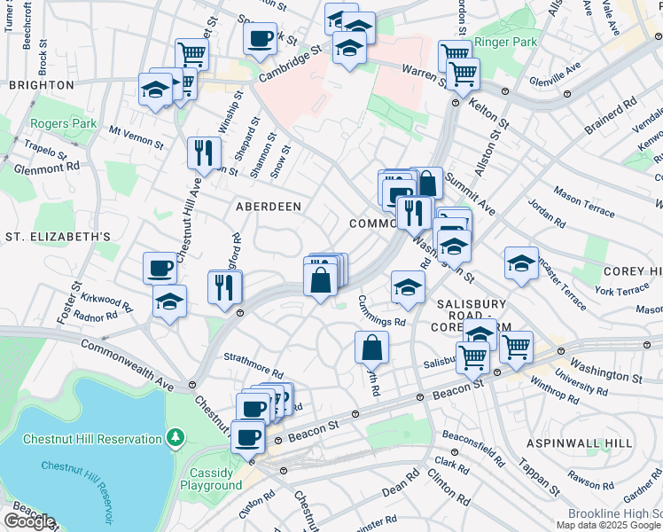 map of restaurants, bars, coffee shops, grocery stores, and more near 1691 Commonwealth Avenue in Boston