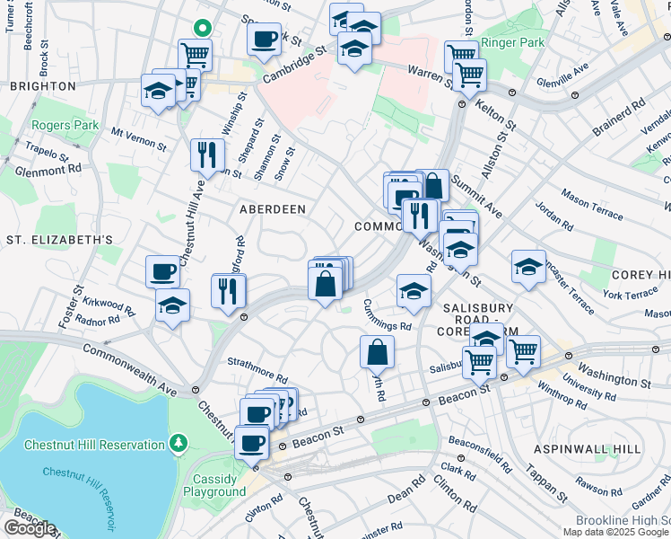 map of restaurants, bars, coffee shops, grocery stores, and more near 1691 Commonwealth Avenue in Boston