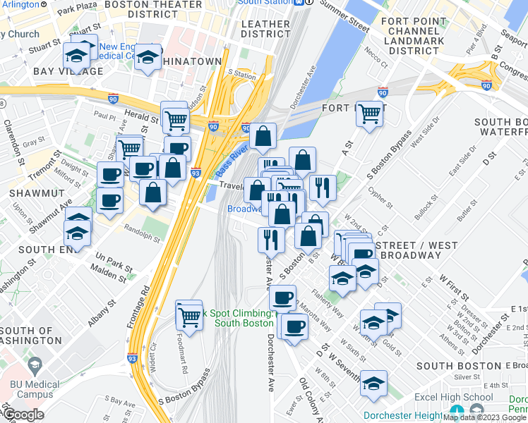 map of restaurants, bars, coffee shops, grocery stores, and more near in Boston