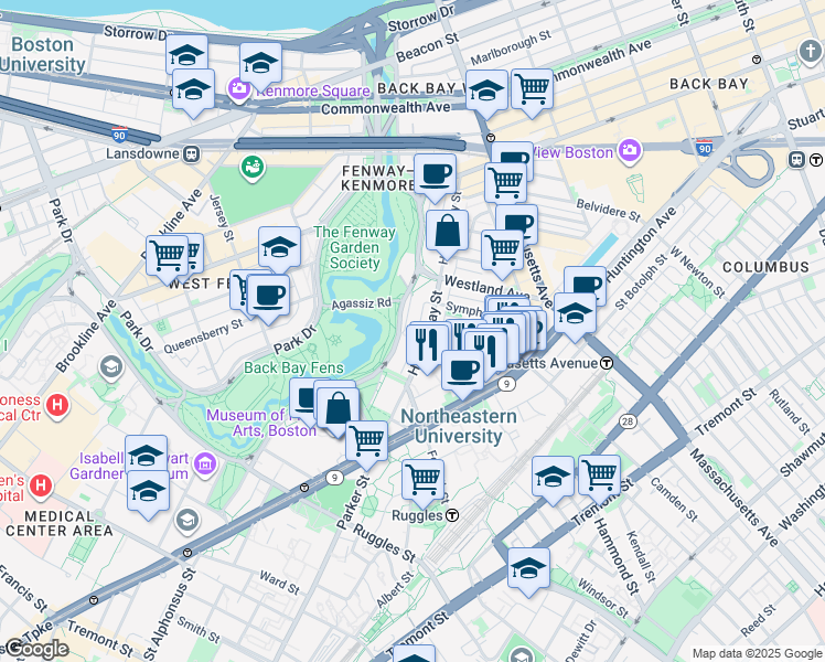 map of restaurants, bars, coffee shops, grocery stores, and more near 82 Fenway in Boston
