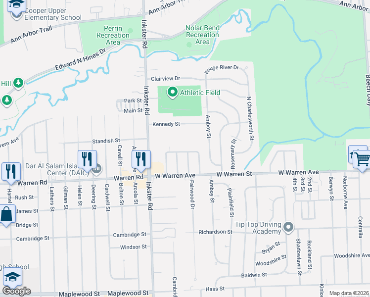 map of restaurants, bars, coffee shops, grocery stores, and more near 27112 North Pleasant Ridge Drive in Dearborn Heights