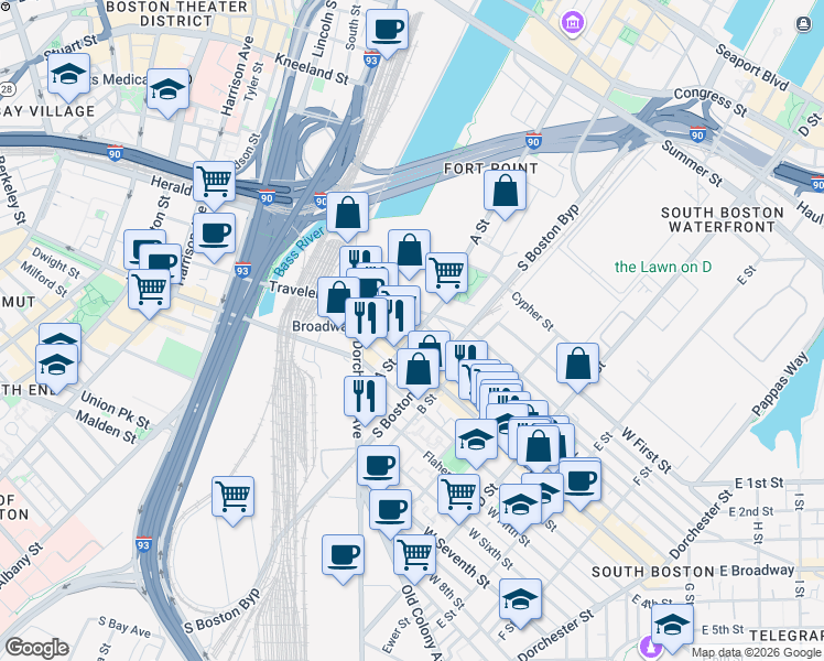 map of restaurants, bars, coffee shops, grocery stores, and more near 69 Athens Street in Boston