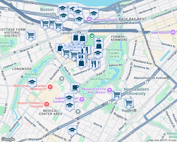 map of restaurants, bars, coffee shops, grocery stores, and more near 58 Queensberry Street in Boston