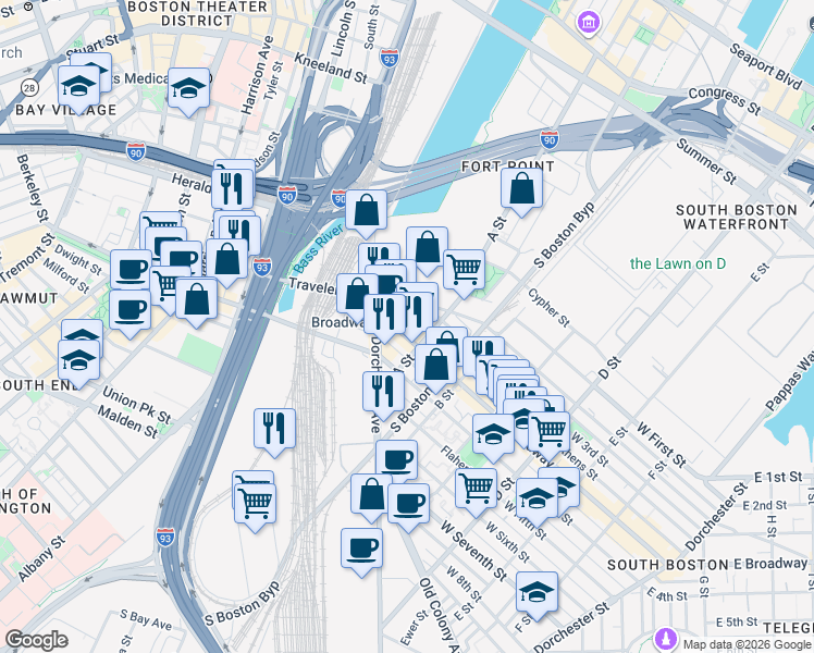 map of restaurants, bars, coffee shops, grocery stores, and more near 45 West Broadway in Boston