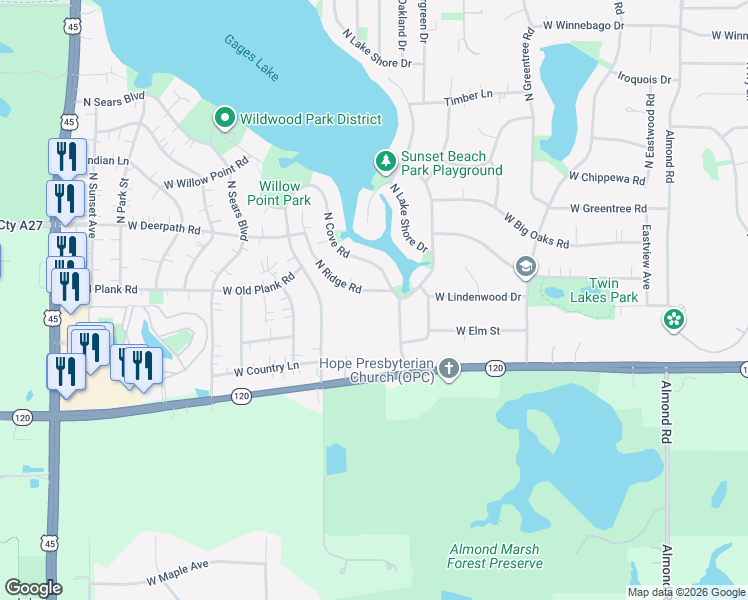 map of restaurants, bars, coffee shops, grocery stores, and more near 33032 North Ridge Road in Grayslake