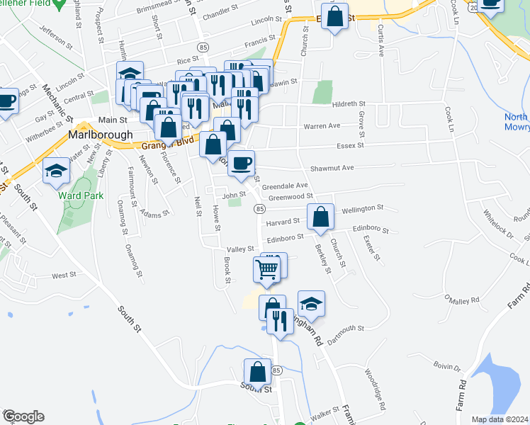 map of restaurants, bars, coffee shops, grocery stores, and more near 142 Maple Street in Marlborough