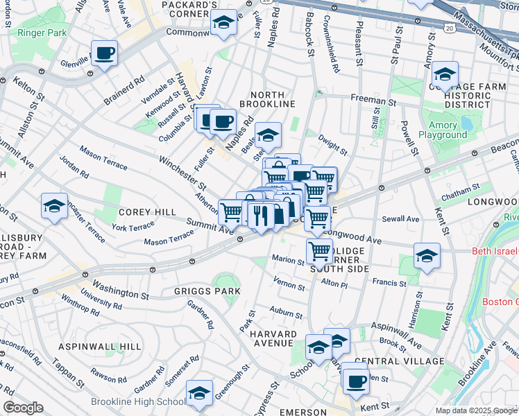 map of restaurants, bars, coffee shops, grocery stores, and more near in Brookline