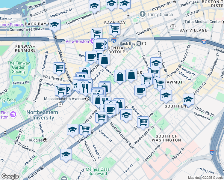 map of restaurants, bars, coffee shops, grocery stores, and more near 509 Columbus Avenue in Boston