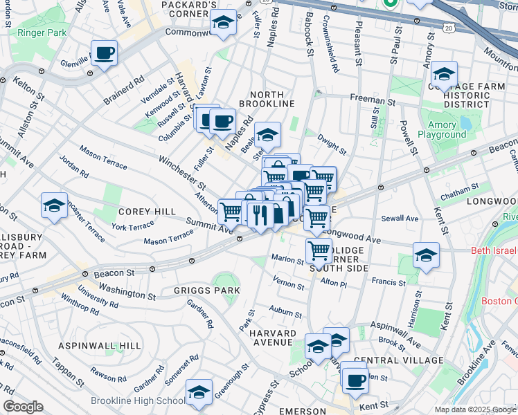map of restaurants, bars, coffee shops, grocery stores, and more near 40 Centre Street in Brookline