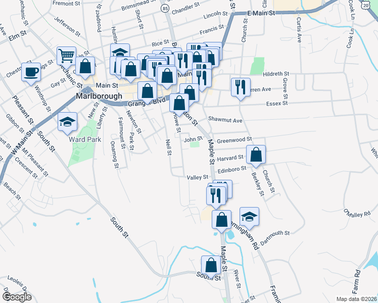 map of restaurants, bars, coffee shops, grocery stores, and more near 140 Howe Street in Marlborough