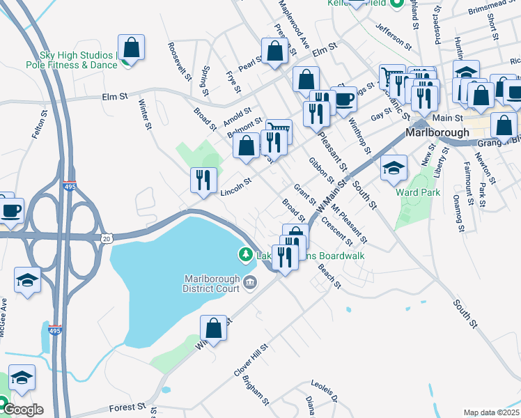 map of restaurants, bars, coffee shops, grocery stores, and more near 21 Fay Court in Marlborough