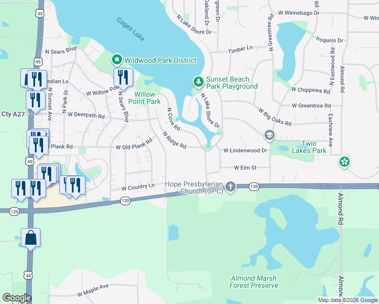 map of restaurants, bars, coffee shops, grocery stores, and more near 33032 North Ridge Road in Grayslake
