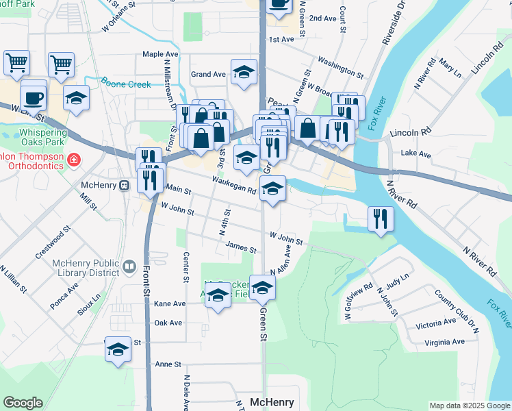 map of restaurants, bars, coffee shops, grocery stores, and more near 1011 North Green Street in McHenry
