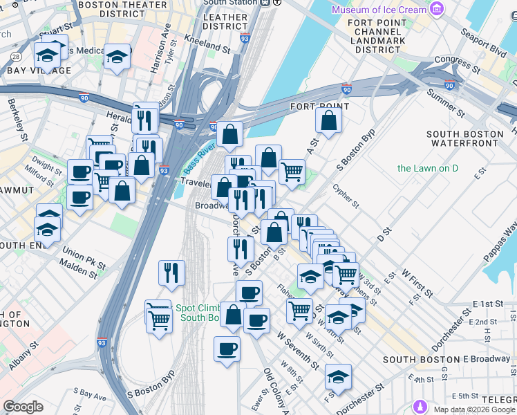 map of restaurants, bars, coffee shops, grocery stores, and more near 50 West Broadway in Boston