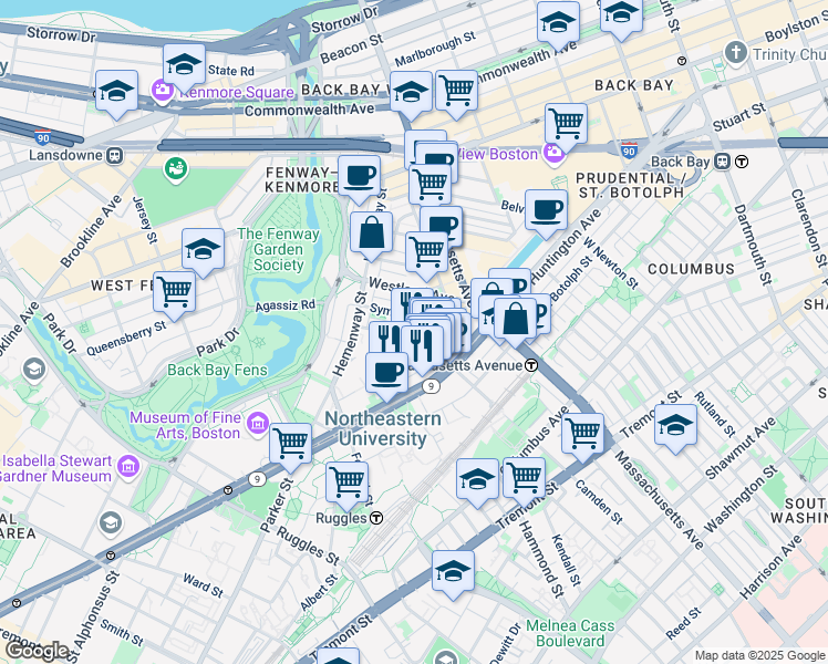 map of restaurants, bars, coffee shops, grocery stores, and more near 77 Saint Stephen Street in Boston