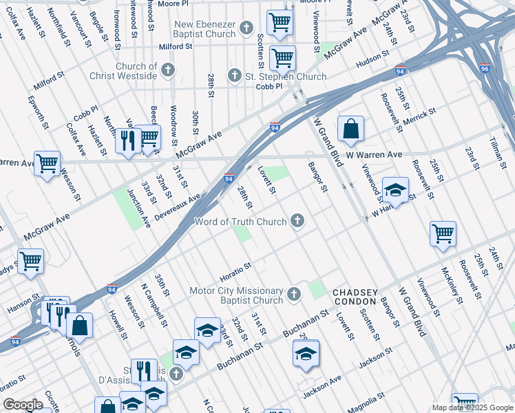 map of restaurants, bars, coffee shops, grocery stores, and more near 5000 28th Street in Detroit