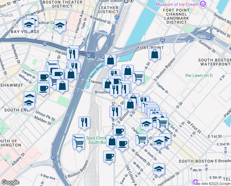 map of restaurants, bars, coffee shops, grocery stores, and more near 45 West Broadway in Boston