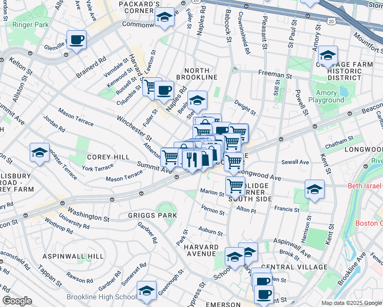 map of restaurants, bars, coffee shops, grocery stores, and more near 40 Centre Street in Brookline